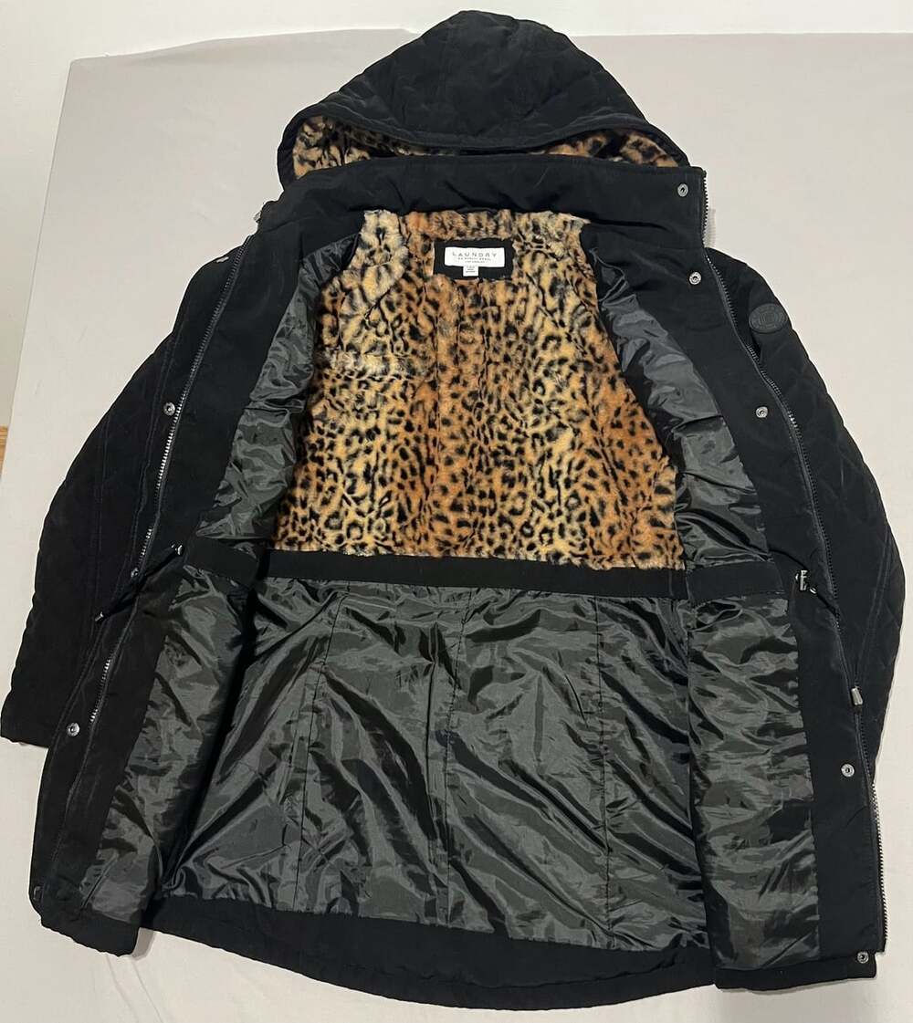 Laundry by Shelli Segal Quilted Hooded Coat Size L Black Faux Fur Lined - Picture 2 of 9